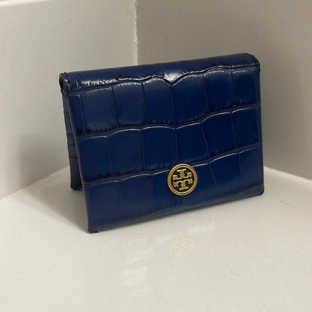 Tory Burch Blue Gold Parker Embossed Foldable Card Case